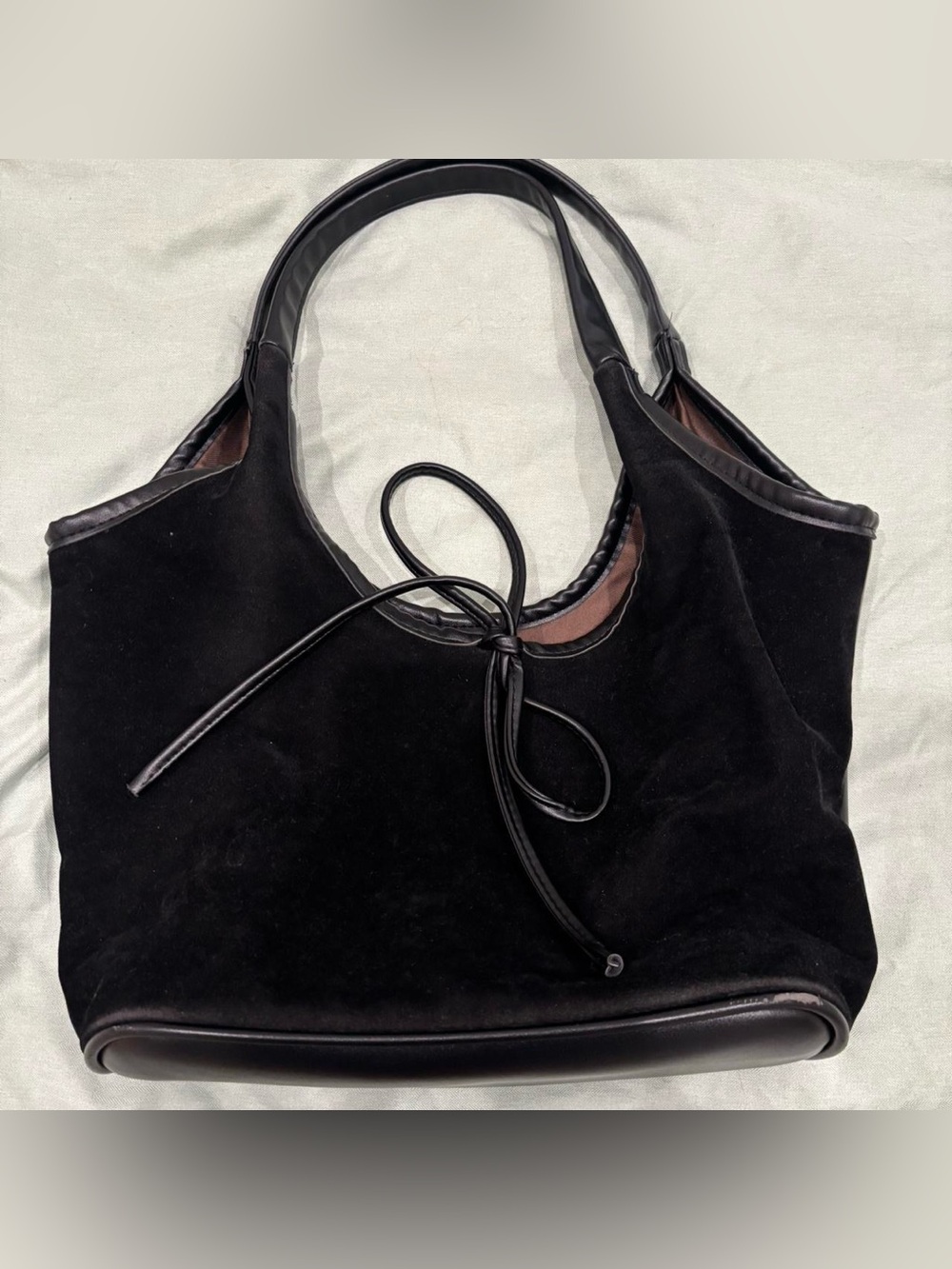 Black Suede Tote Bag with Bow Accent